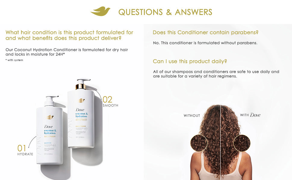 Dove Acondicionador de coco e hidratación para cabello seco con tecnología de cuidado de bio-proteínas y aceite de coco, 28 onzas líquidas