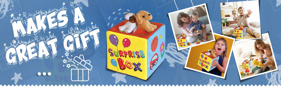 Bundaloo Caja misteriosa sorpresa con 8 juguetes de peluche de alta calidad, juego sensorial suave con sonidos de prensa para escuchar, varios peluches, animales de peluche, vehículos, pelotas para