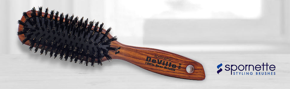 Spornette Deville - Cepillo de pelo para esculpir #343, cerdas de jabalí suaves, mango de madera, cepillo alisador acolchado para mantenimiento diario, acabado y añade brillo a cepillados y soplados