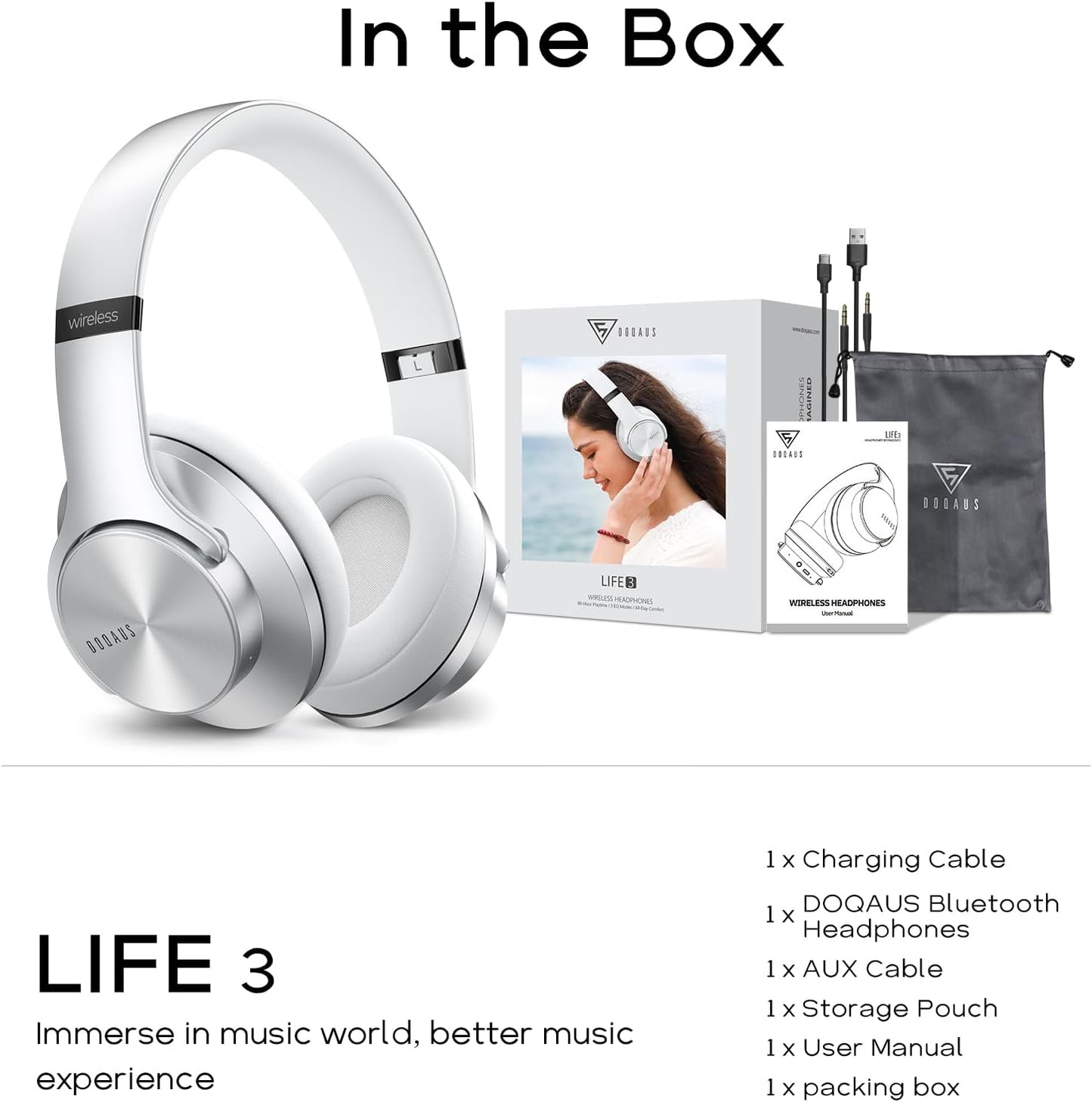 DOQAUS Auriculares Bluetooth sobre la oreja, tiempo de reproducción...