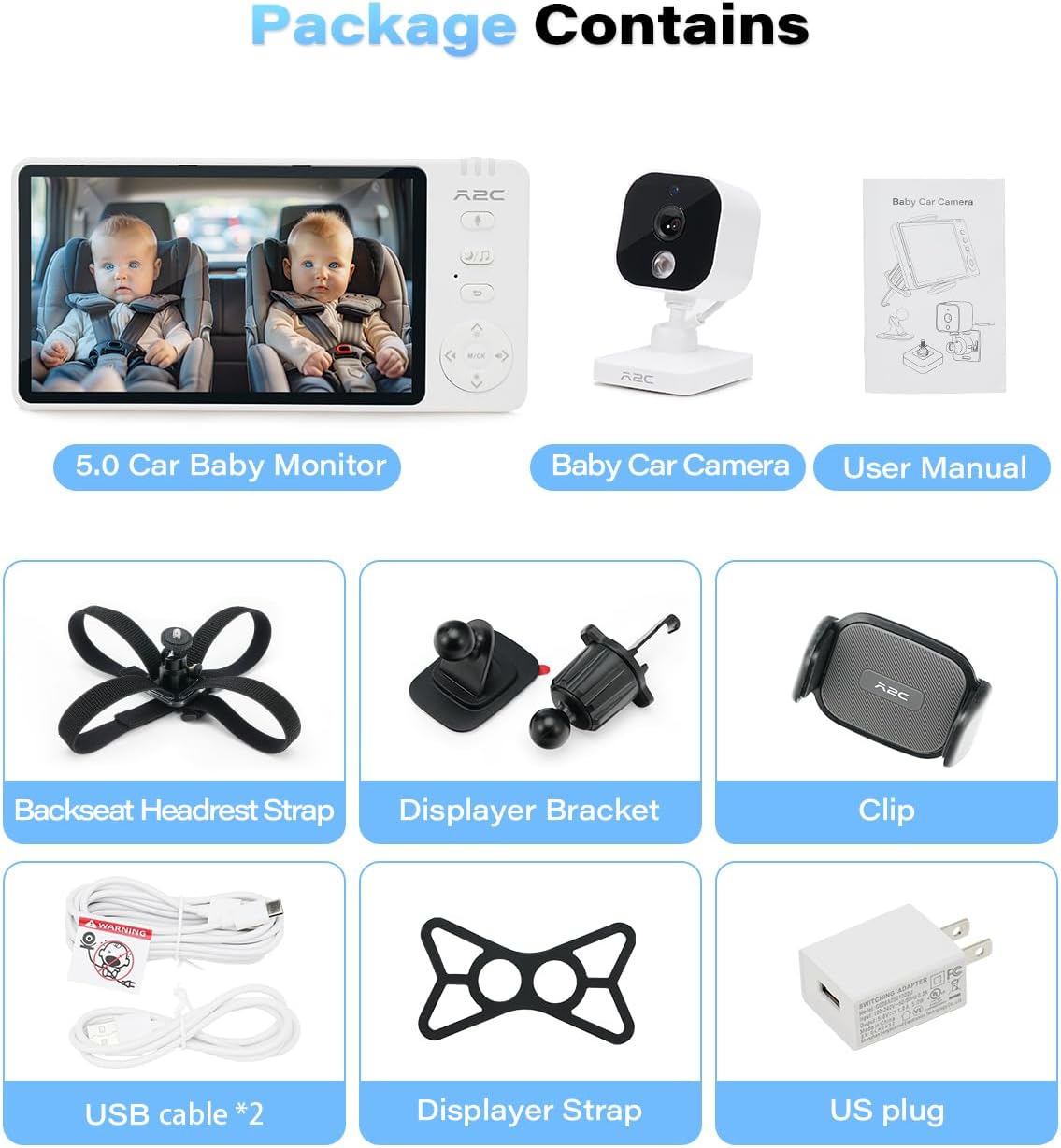 A2C Cámara de coche para bebé, monitor de bebé HD 1080P de 5 pulgad...