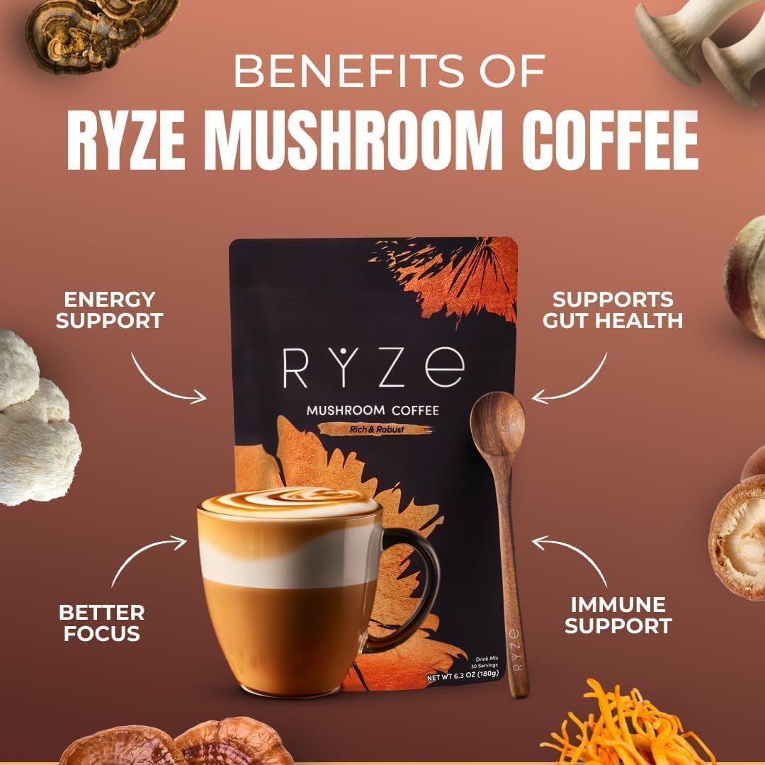 RYZE SUPERFOODS - Kit de inicio de café tostado oscuro de hongos, c...