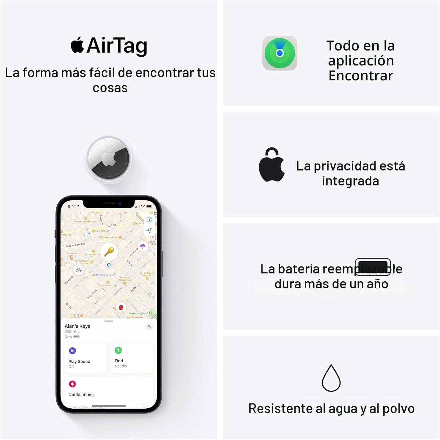 Apple AirTag 4 Pack. Mantén un seguimiento y encuentra tus llaves, cartera, equipaje, mochila y más. Configuración simple con un toque con iPhone o iPad