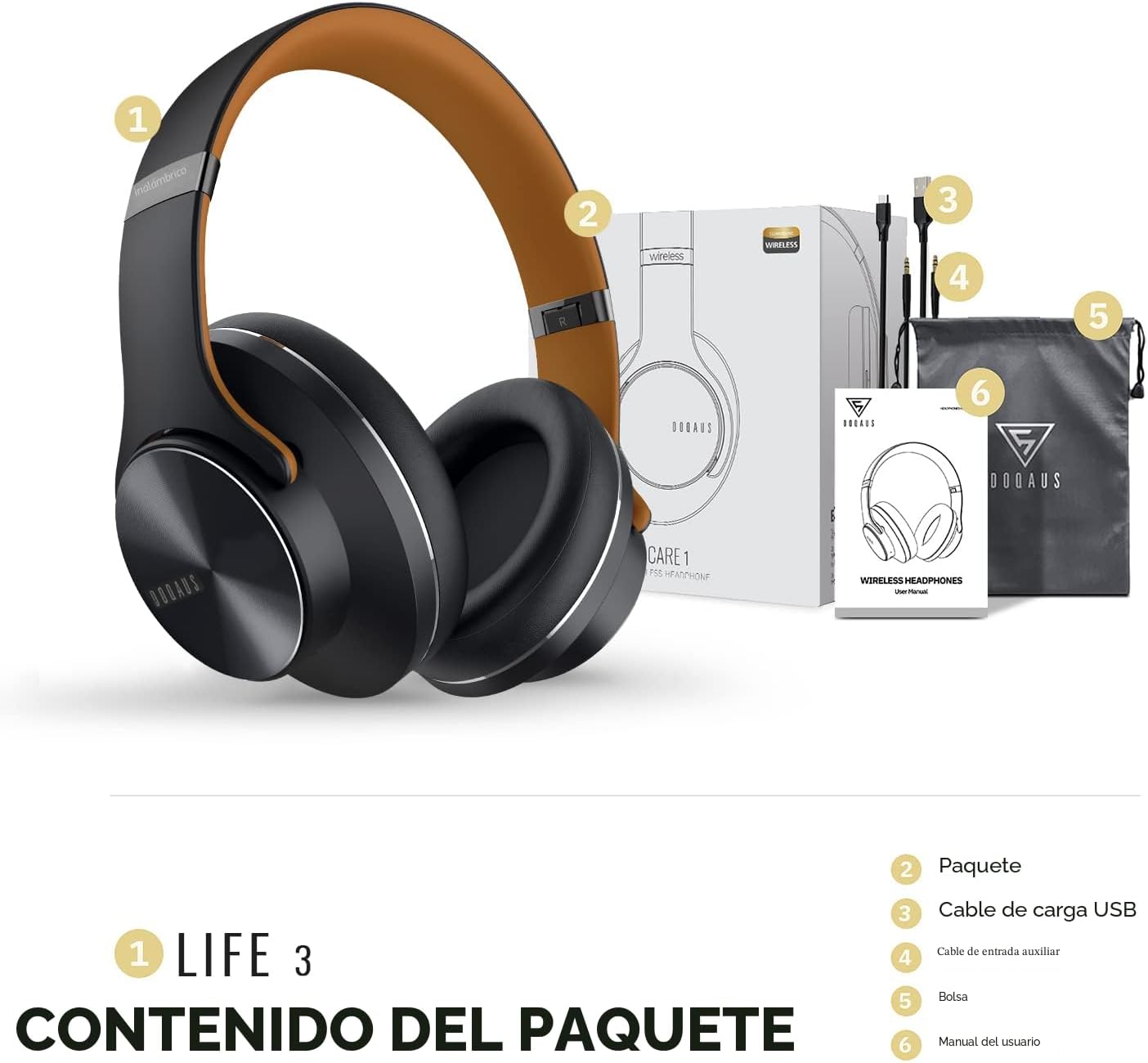 DOQAUS Auriculares Bluetooth sobre la oreja, tiempo de reproducción...