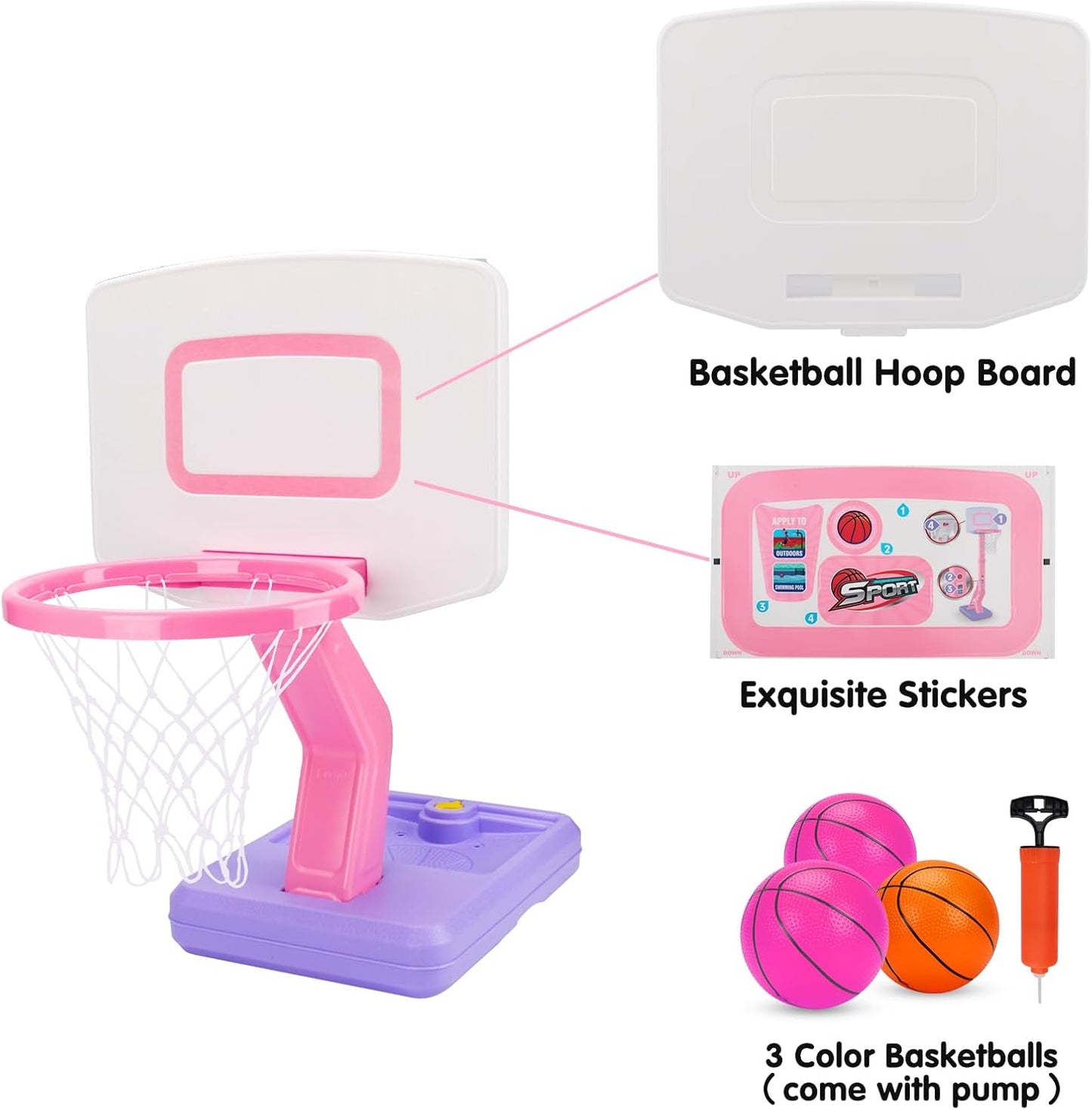 Aro de baloncesto para niños pequeños rosa para interiores y exteriores, edad 1-3 años, aro de baloncesto ajustable para niños con 3 pelotas, portería de baloncesto para niñas, juguetes