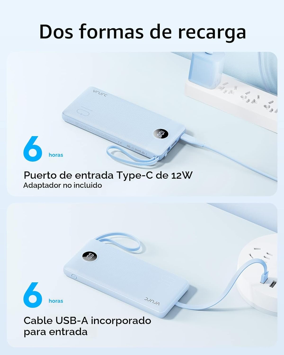 VRURC Banco de energía de 10000 mAh, cables integrados, cargador po...
