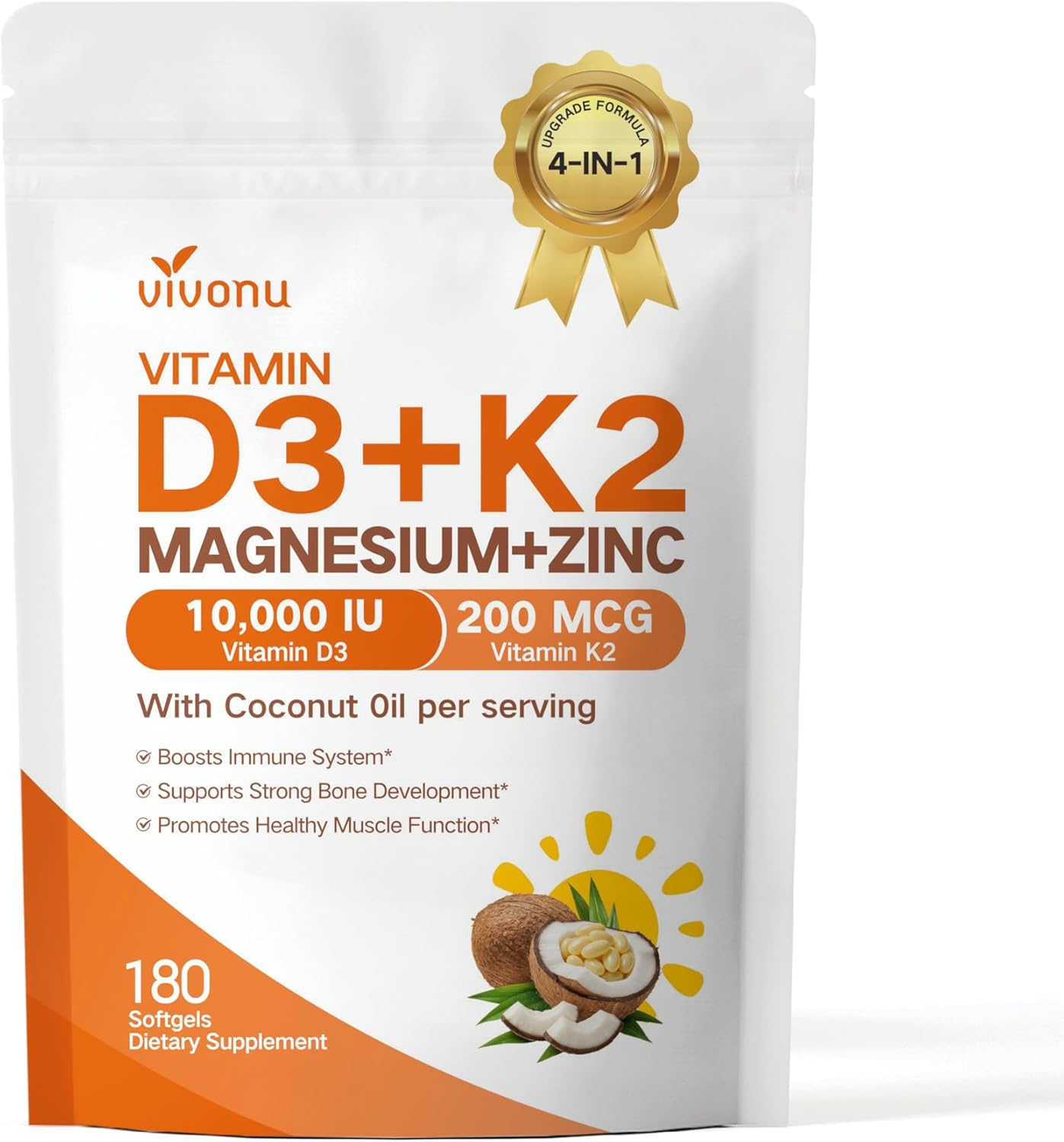 VivoNu Vitamina D3 K2 Suplemento de magnesio de 10,000 UI - 4 en 1...