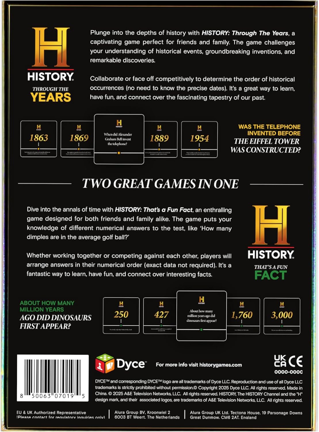 History Channel Edición 2 en 1 - A Través de los Años/Eso es un Dato Curioso - Conocimiento General Super Trivia Cronología Línea de Tiempo Juego de Cartas de Fiesta para Adultos, Familia