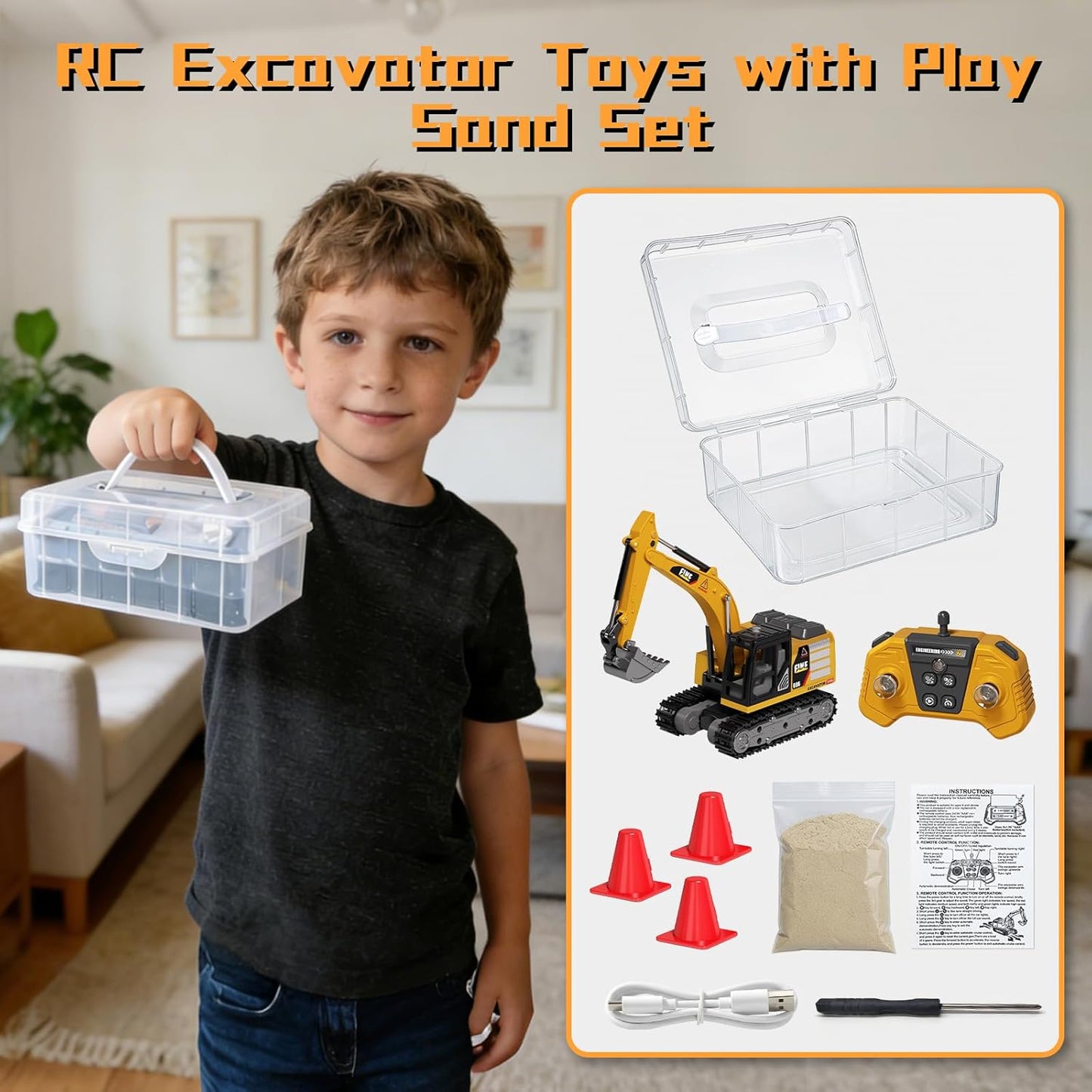 TOPMVP Mini excavadora RC 1\/64 con juego de caja de arena, camión...