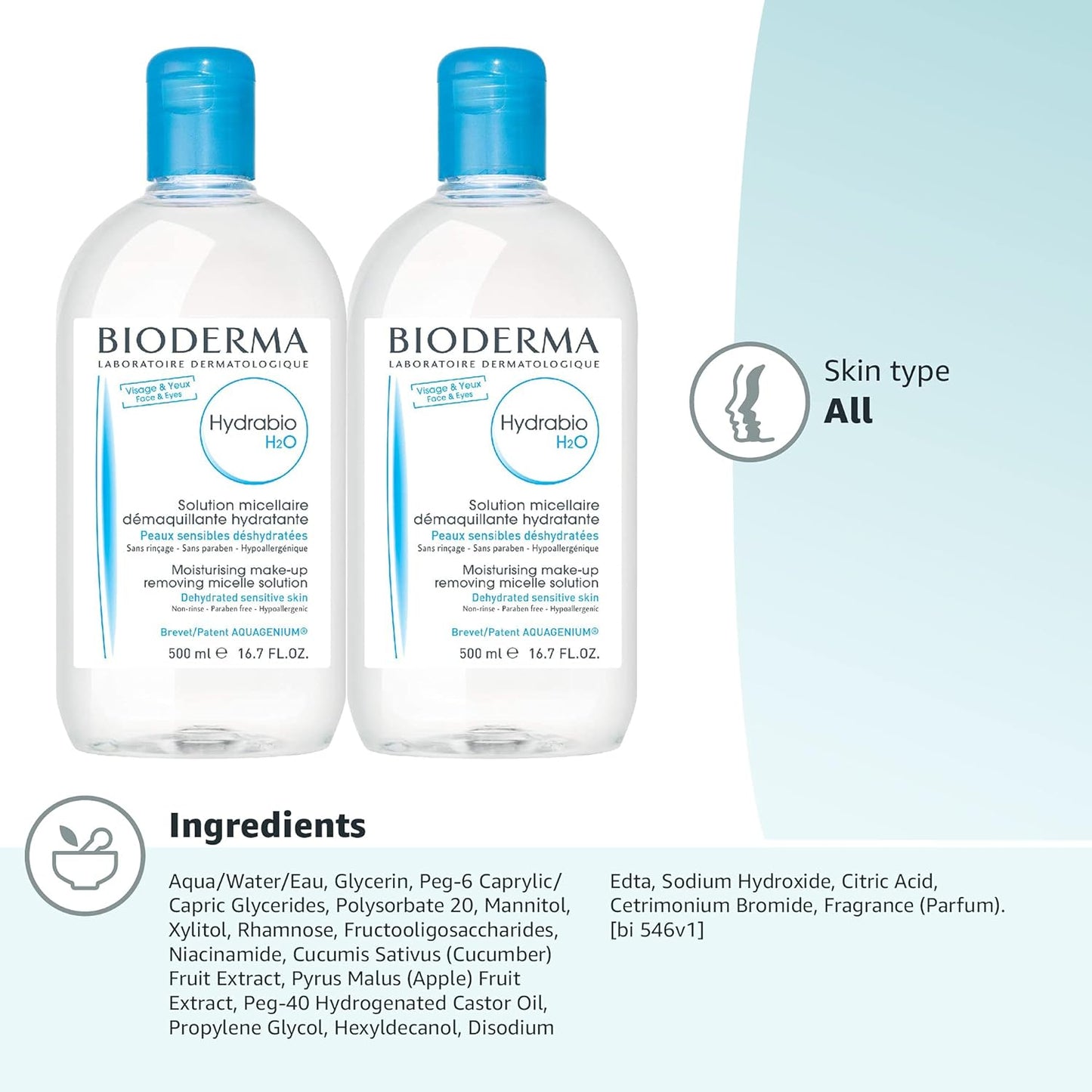 Bioderma Hydrabio DUO H2O - Limpiador de agua micelar y desmaquillante para pieles sensibles deshidratadas, 33.4 onzas líquidas