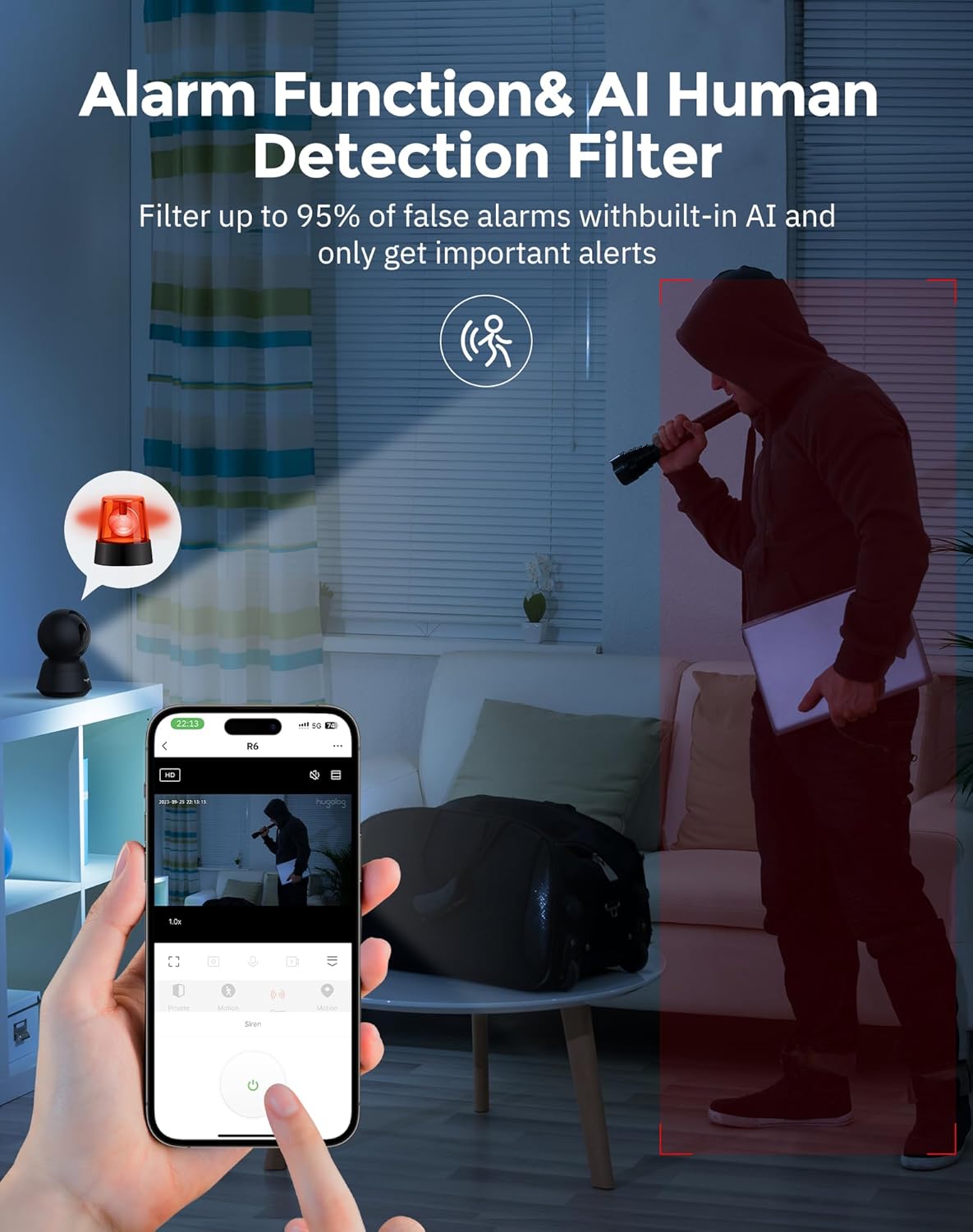 Hugolog - Cámara de seguridad interior Pan\/Tilt de 2K 3MP con enfo...