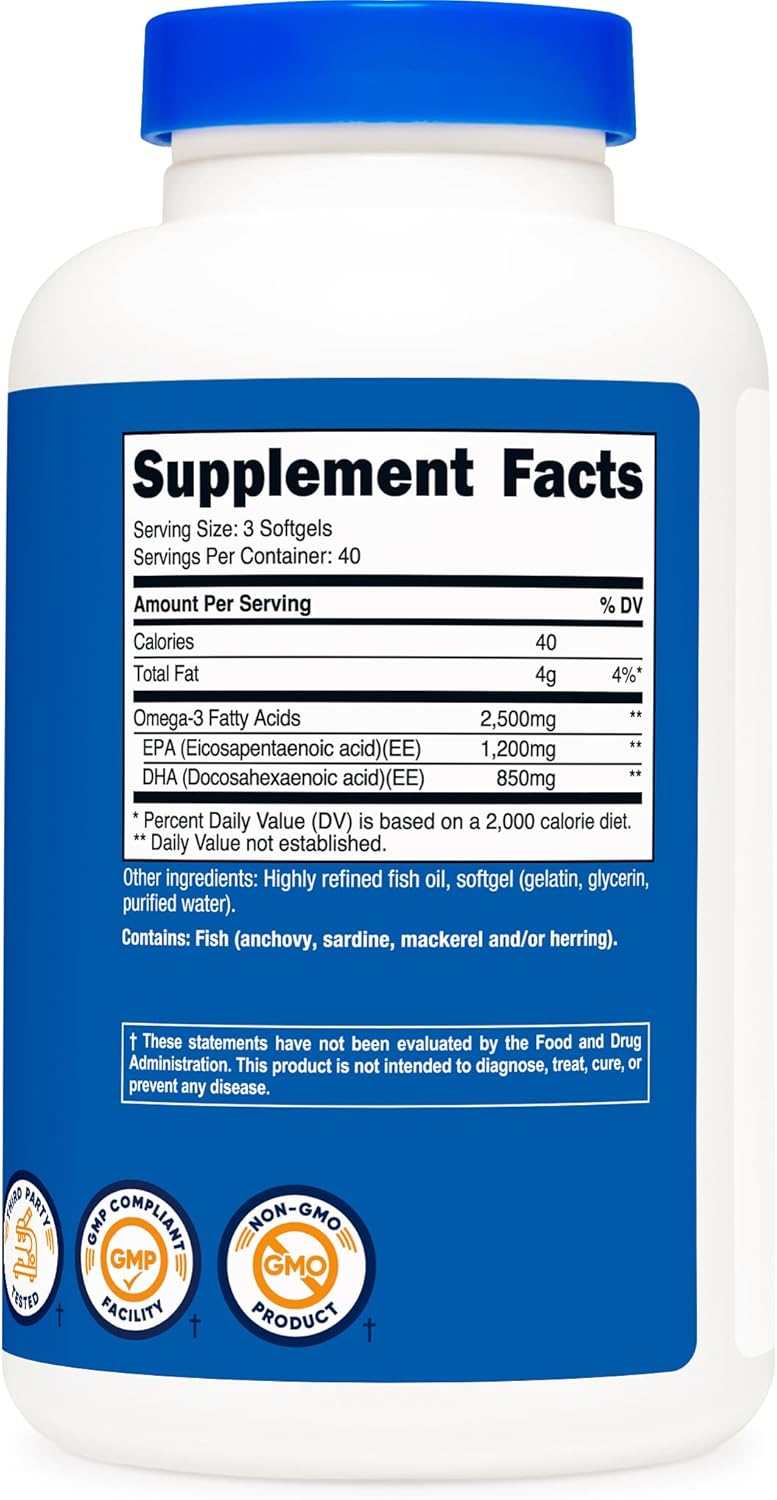 Nutricost Aceite de Pescado Omega 3 - 2500 mg, 120 cápsulas blandas...