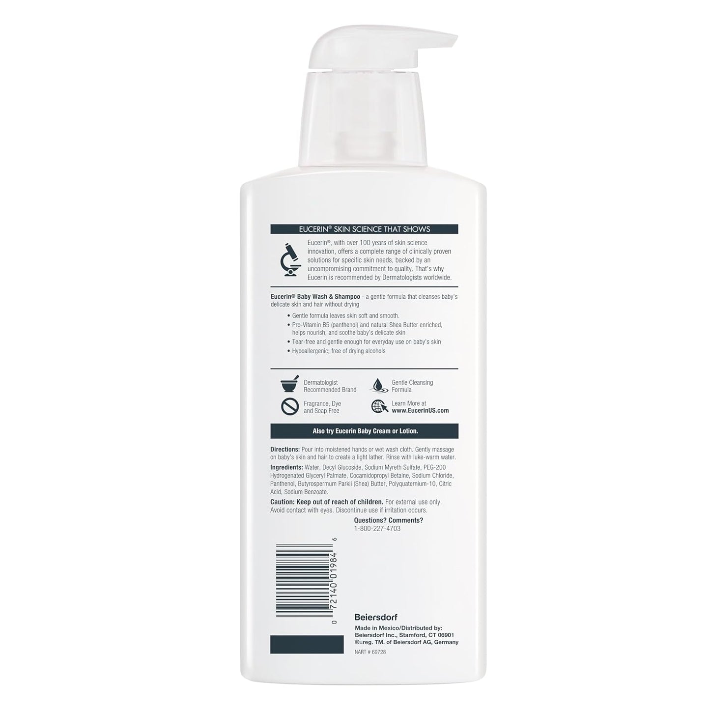 Eucerin Baby, Champú y gel de baño sin perfume para bebés, hipoalergénico, sin lágrimas, con Pro-Vitamina B5 y manteca de karité, botella de 13.5 Fl Oz, paquete de 3