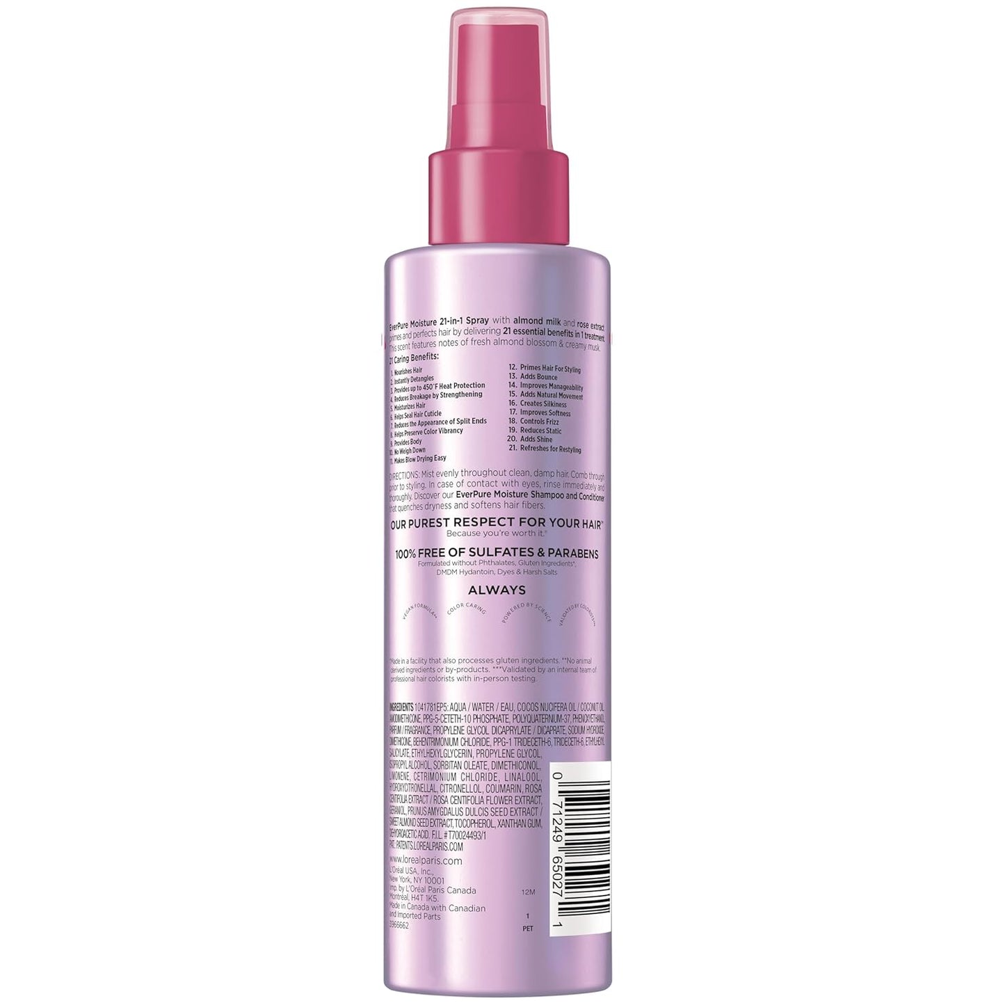 L'Oreal Paris Acondicionador en aerosol sin enjuague 21 en 1, sin sulfato, vegano, EverPure 6.8 onzas líquidas