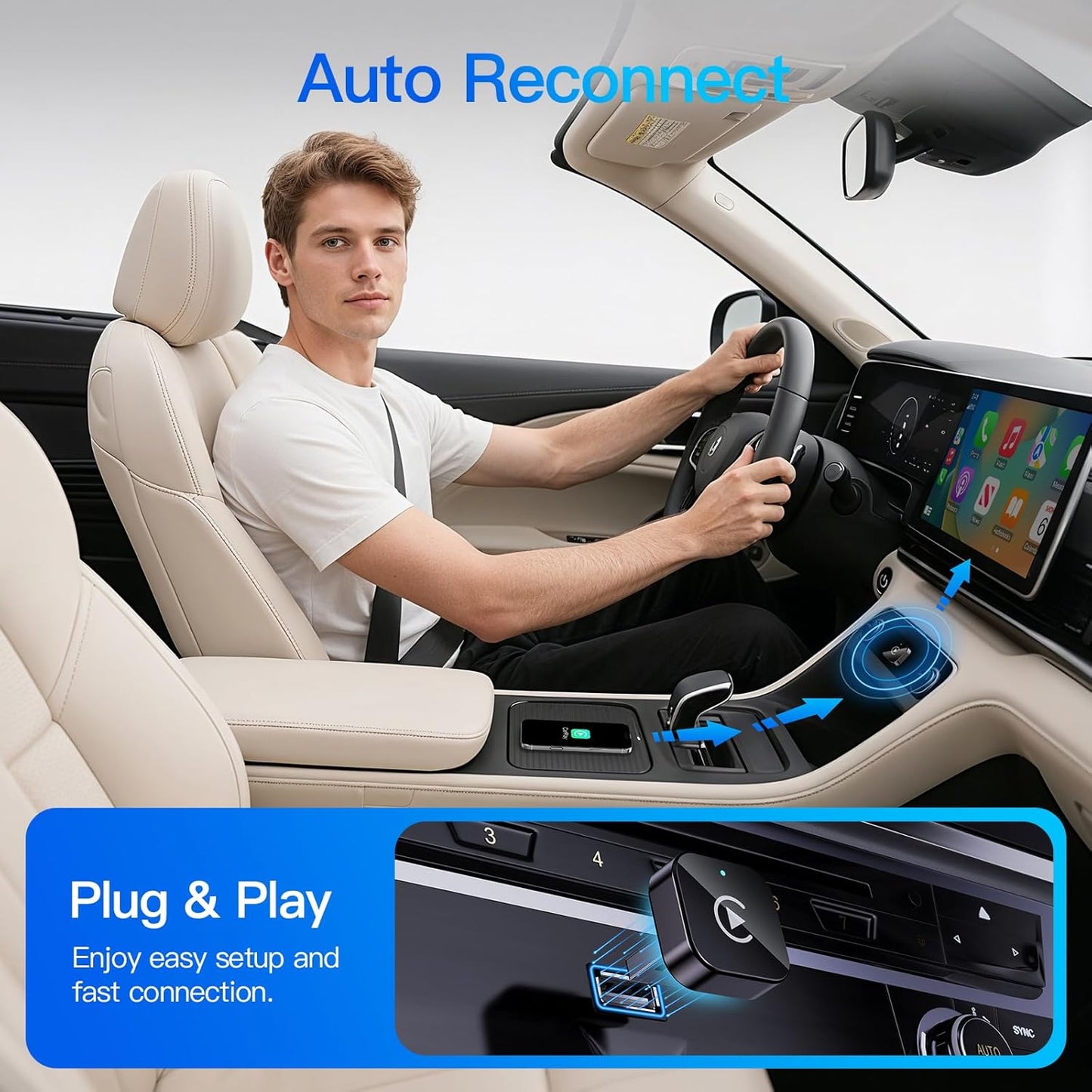 Adaptador Inalámbrico CarPlay (2026 Actualizado) para Apple iPhone y Android, Tamaño Pequeño, Enchufe y Reproduce, Conexión Inalámbrica Rápida y Estable para CarPlay y Android - Sin Latencia en la