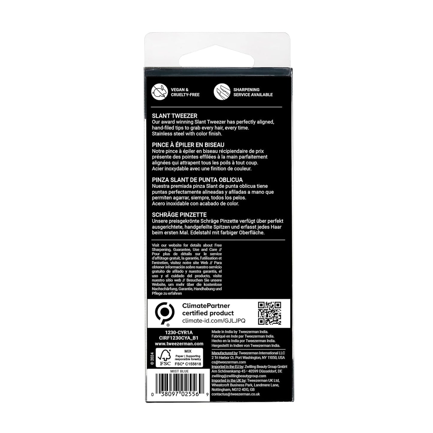 Tweezerman - Pinza para cejas inclinada Mist Blue de acero inoxidab...