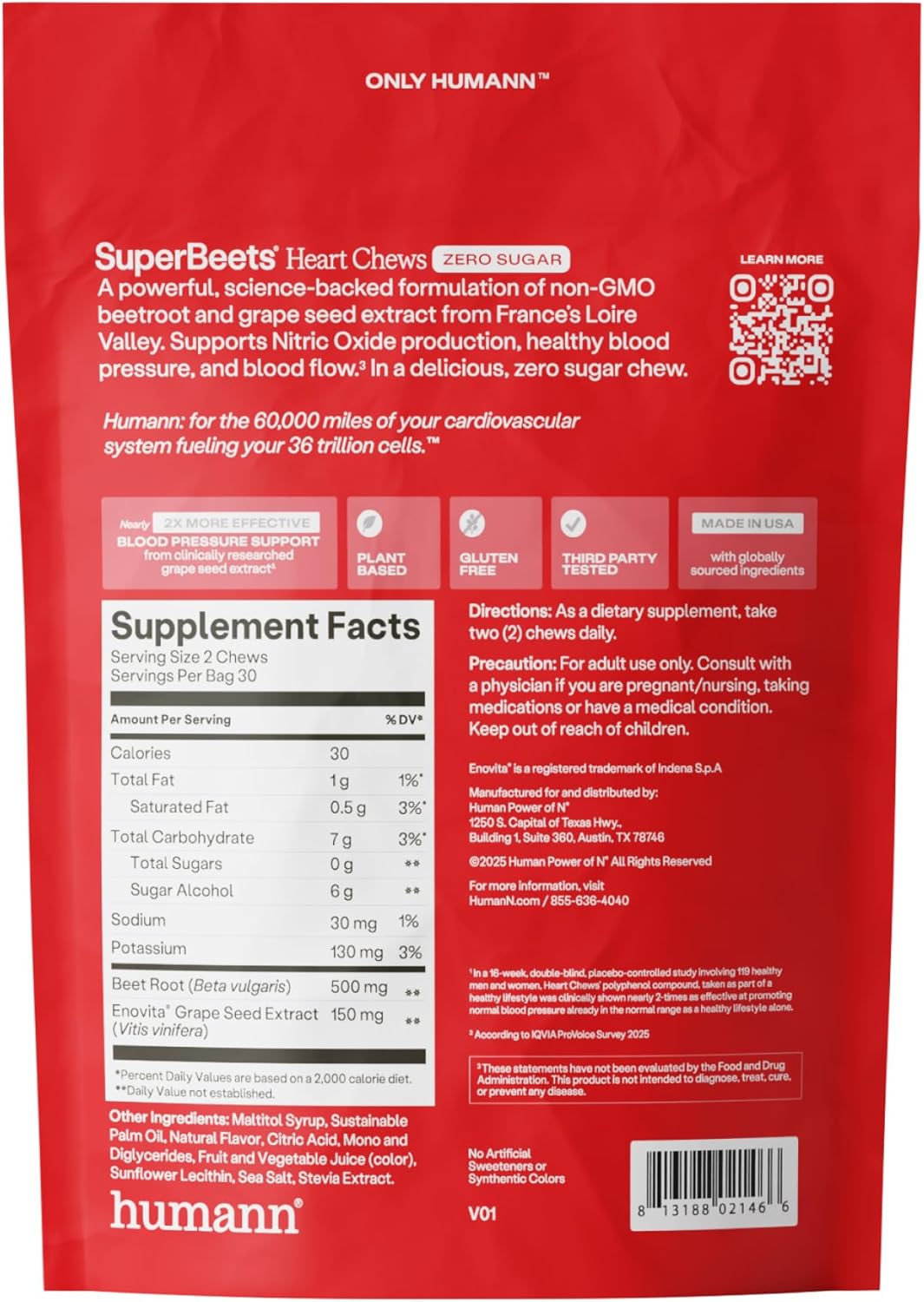 Humann SuperBeets Heart Chews Zero Sugar, Soporte de óxido nítrico...