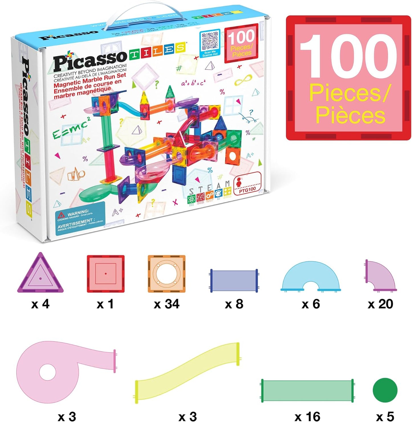 PicassoTiles - Juego de pista de canicas magnéticas de 100 piezas c...