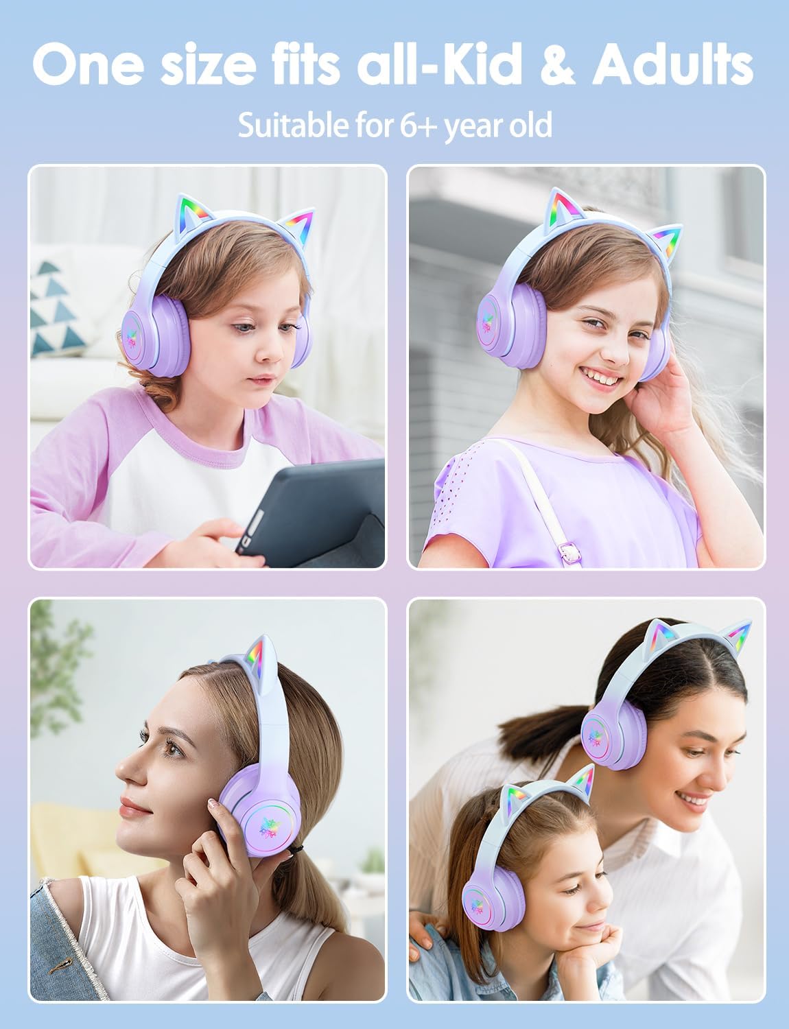 ONITOON Auriculares Bluetooth de oreja de gato con micrófono para n...