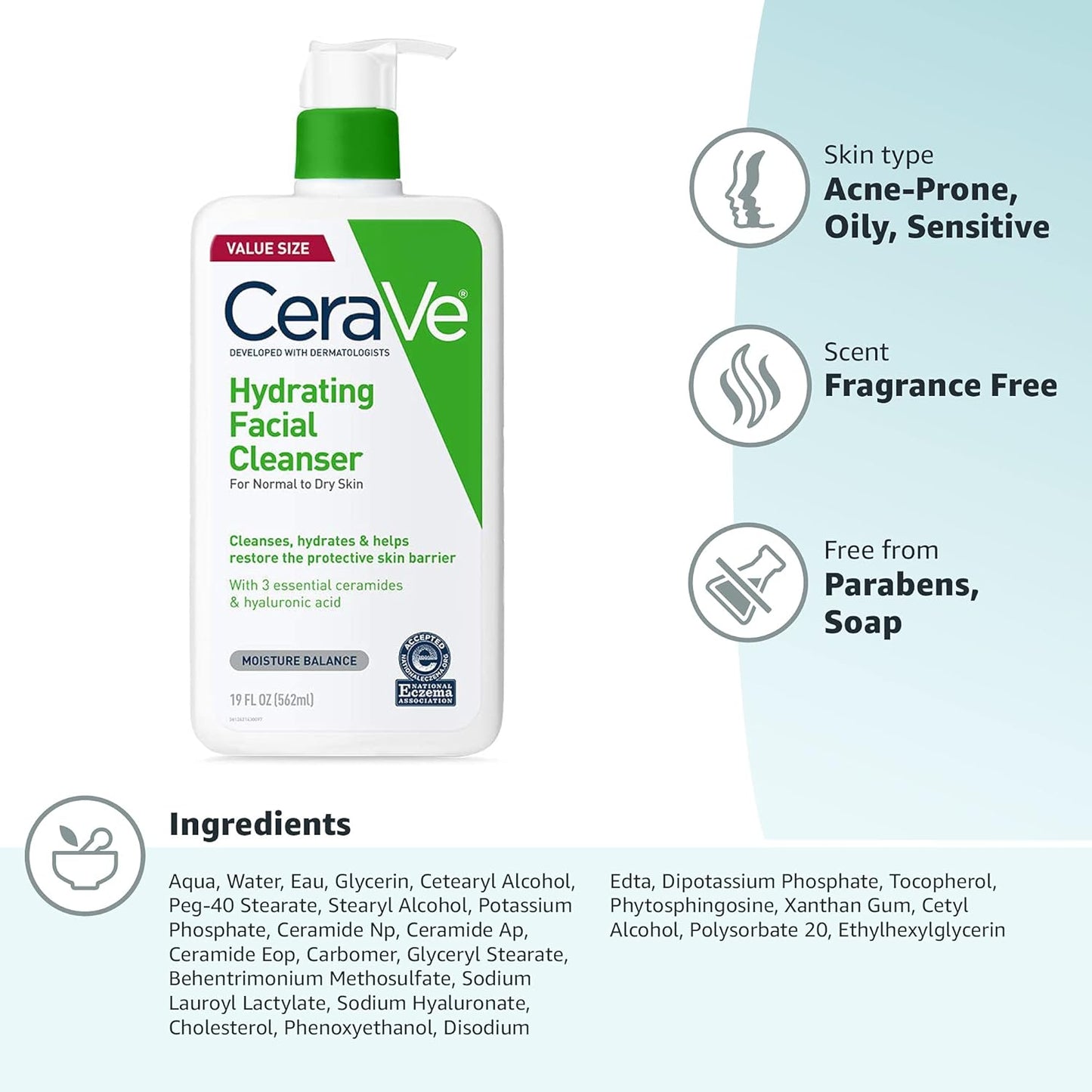 CeraVe Limpiador facial hidratante, lavado facial hidratante para p...