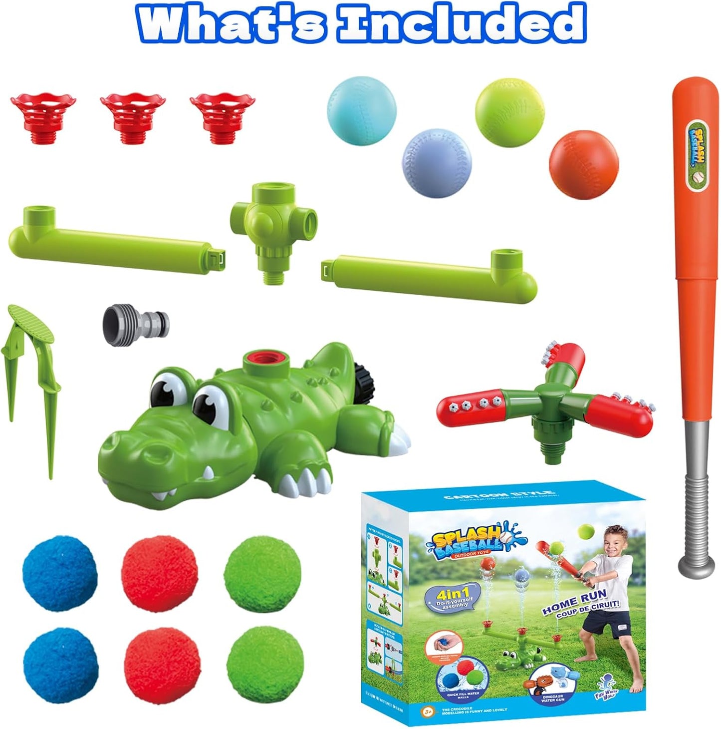 Juego de aspersores de agua 4 en 1 para niños y juguete de bola de agua, rociador de béisbol de cocodrilo para patio trasero, juguetes de verano al aire libre para niños y niñas, juguetes de