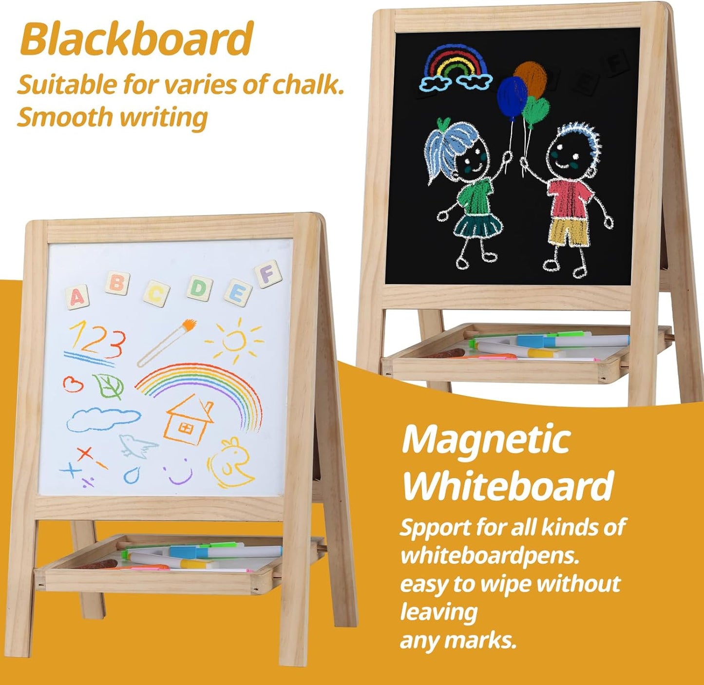Caballete de Arte de Madera para Pintura de Mesa para Niños - Tablero de Dibujo de Doble Cara 4 en 1 para Niños Pequeños de 2-4 Años, Pizarra y Pizarra Blanca Seca con Marcadores, Borrador, Letras