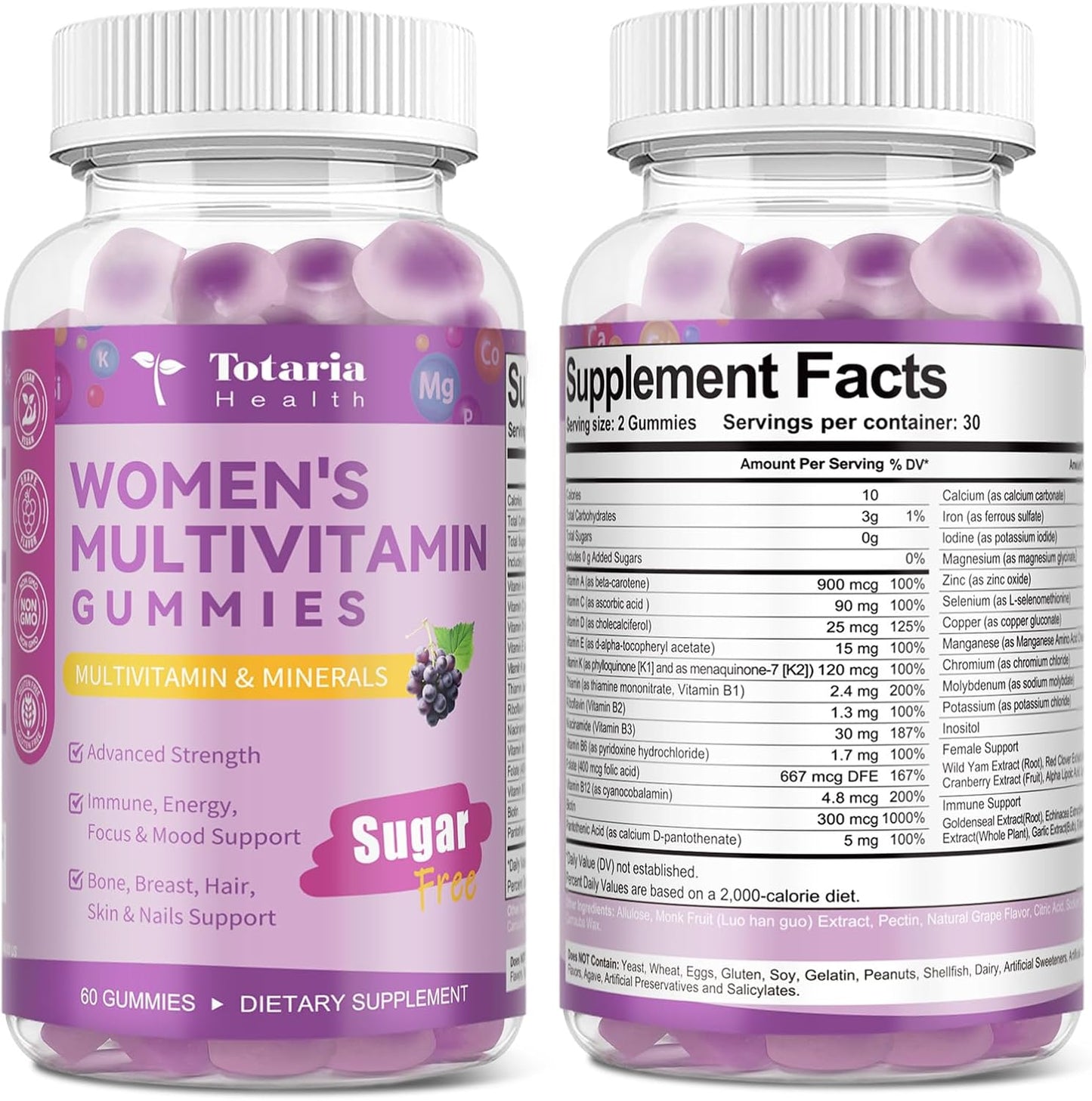 Totaria (2 piezas) Gomitas multivitamínicas sin azúcar para mujeres...