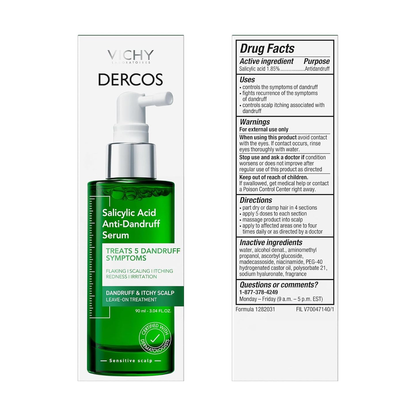 Dercos Tratamiento Anticaspa con Ácido Salicílico, Tratamiento para el Cuero Cabelludo que Combate los Síntomas de la Caspa y Deja la Cabeza Hidratada y Calmada, Suero que Proporciona Alivio de