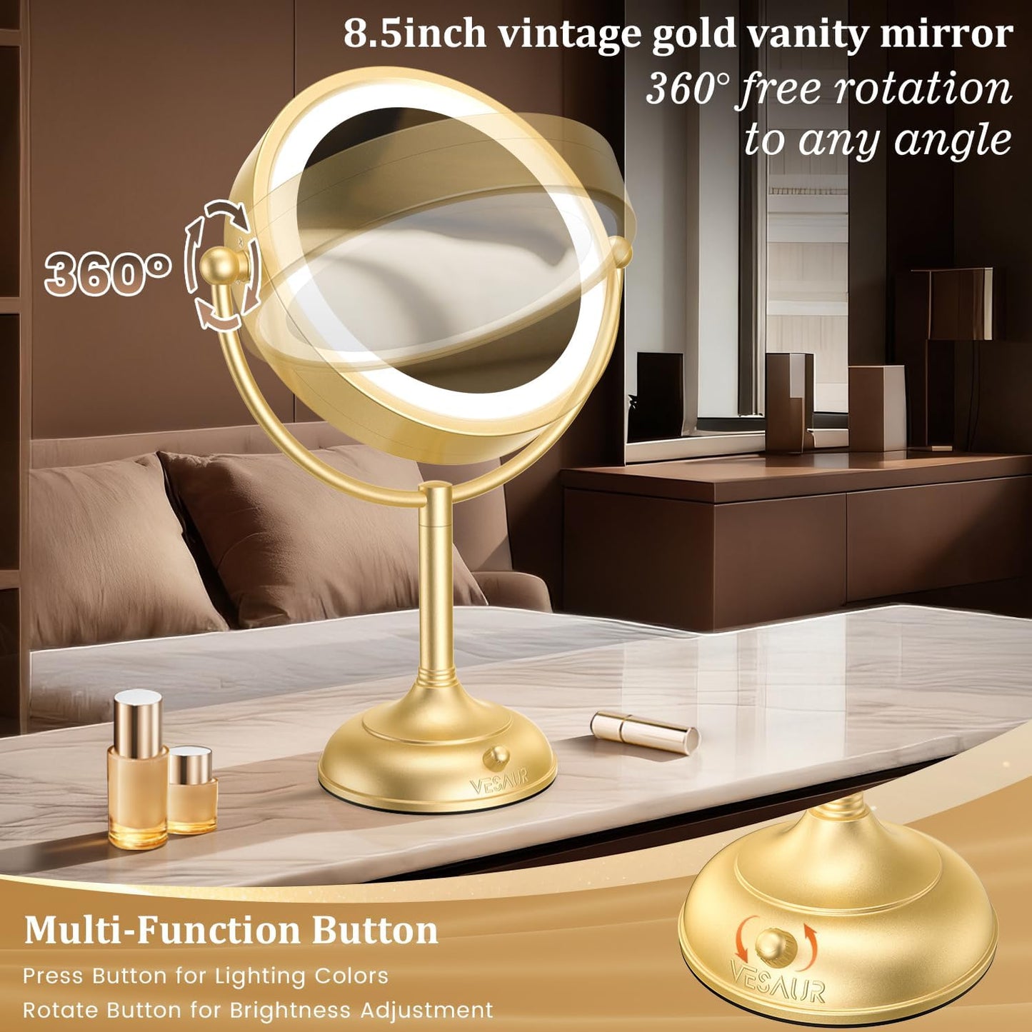 VESAUR Espejo de Maquillaje Iluminado Dorado Grande de 8.5''...