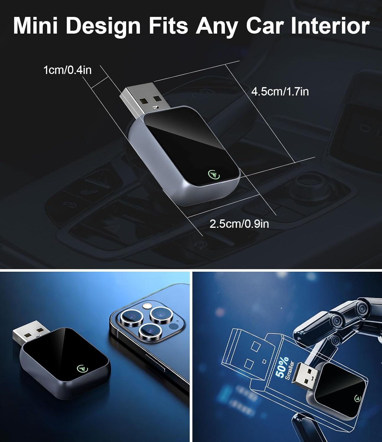 Adaptador inalámbrico CarPlay para iPhone, Bluetooth y Wi-Fi, 3X Auto-Conectar, Sin Latencia, Compatible con Apple CarPlay USB A/C, Enchufe y Reproduce, Convierte CarPlay con cable de