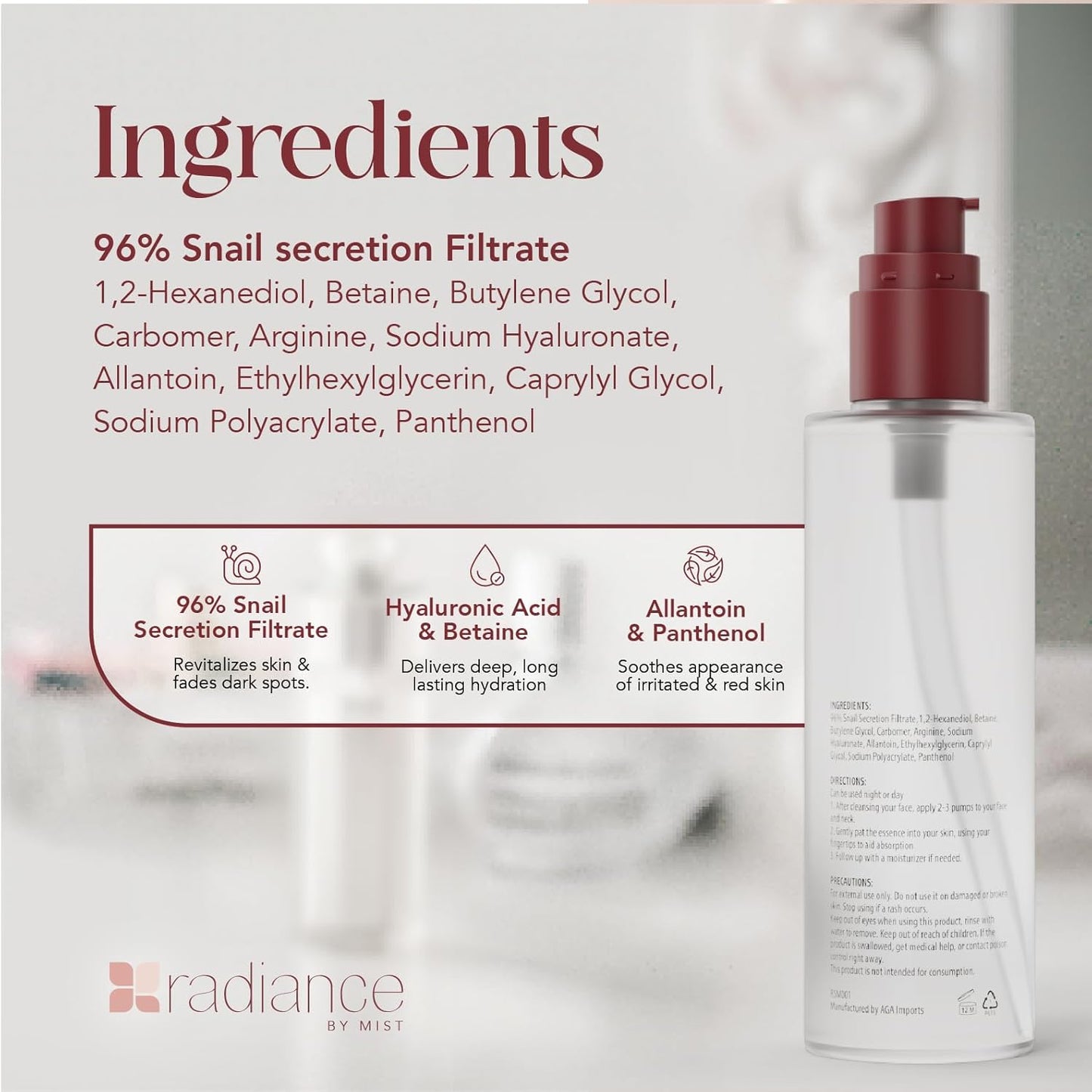 Radiance Snail Mucin Serum con caracol avanzado 96% esencia de poder de mucina, cuidado de la piel coreano con suero coreano hidratante de ácido hialaurónico, 3.38 fl oz, 3.4 fl oz