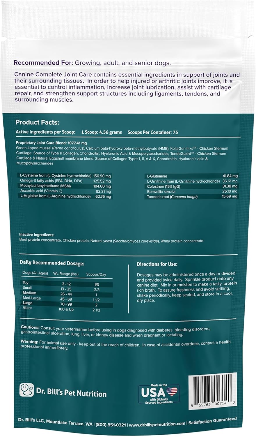 Dr. Bill's Canine Complete Joint Care - Suplemento avanzado par...