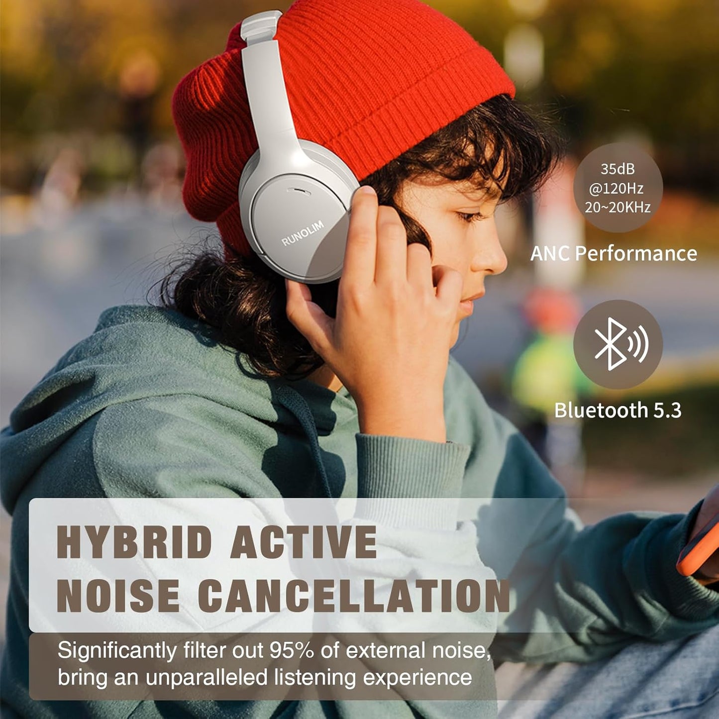 RUNOLIM Auriculares híbridos con cancelación de ruido activa, tiemp...