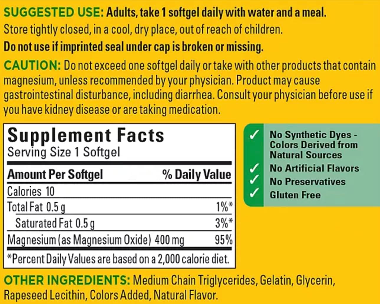 Nature Made, Magnesio de Alta Potencia 400 mg - 150 Cápsulas de Gel...