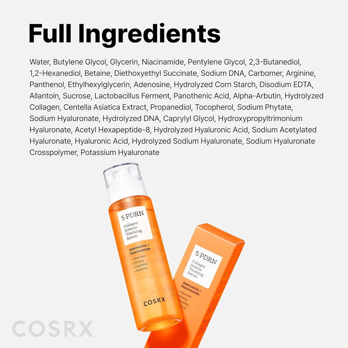 COSRX 5 PDRN Collagen Intense Vitalizing Serum - Suero coreano para reafirmar y dar brillo a la piel con ADN de salmón, centella, lactobacilo PDRN y colágeno, cuidado de la piel coreana, artículos