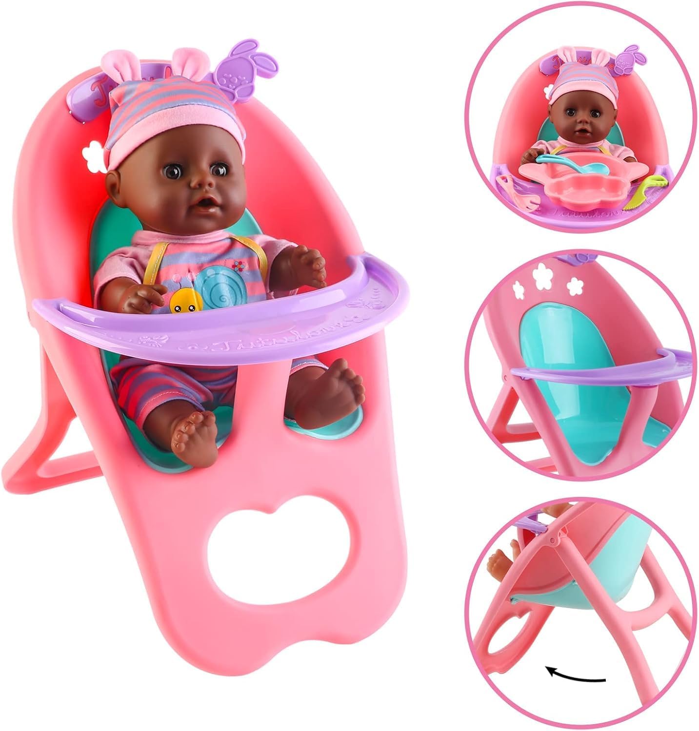 deAO Conjunto de Muñeca Bebé Negra - Móvil, Silla Alta, Cochecito y...