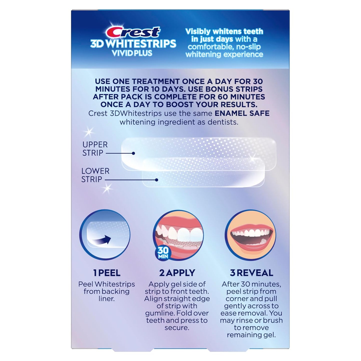 Crest 3D Whitestrips Vivid Plus, kit de tiras blanqueadoras de dientes, 10 tratamientos + 2 tratamientos adicionales (cada uno con 1 tira superior/1 inferior), 24 tiras, 8 niveles más blancos, kit de