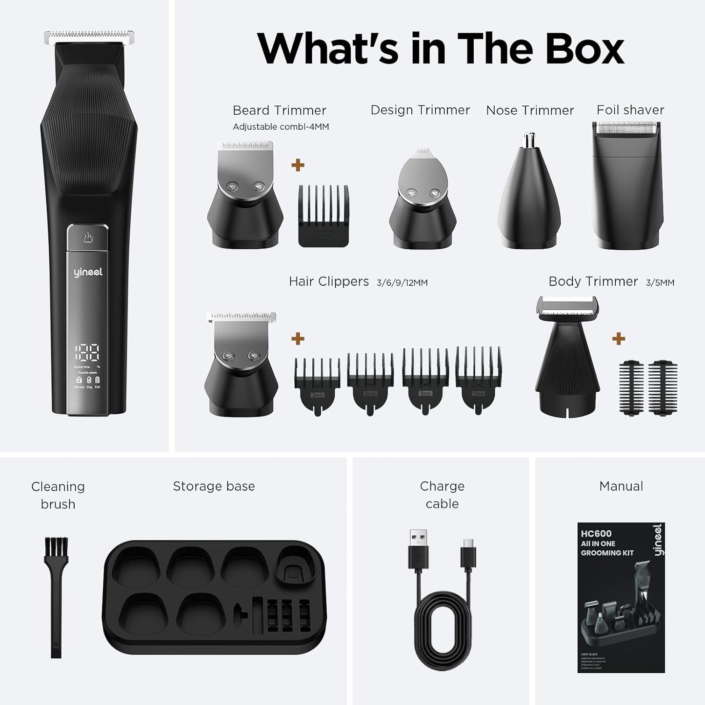 Yineel HC600 - Cortadora de barba para hombres, kit de aseo inalámbrico todo en uno, maquinilla de afeitar eléctrica impermeable y cortadora de pelo para cara, bigote, cuerpo, nariz, corte de pelo