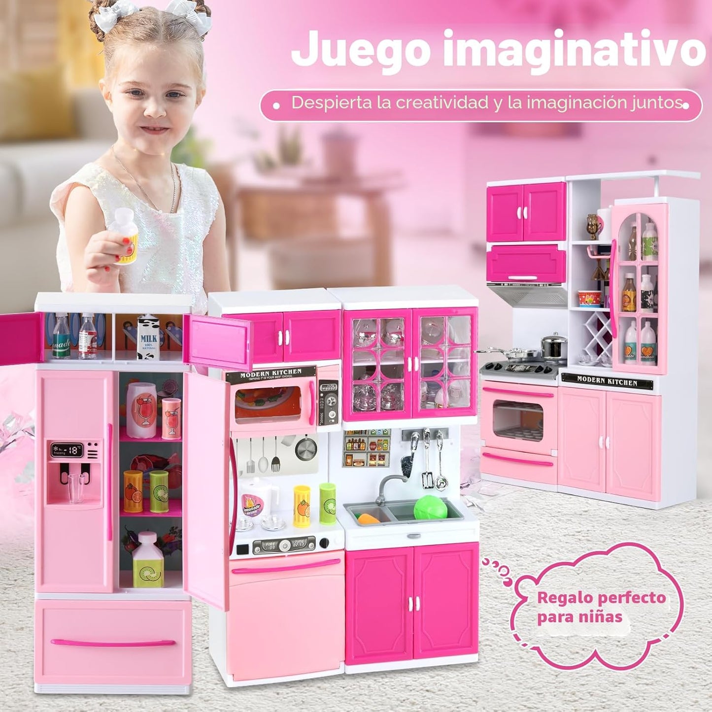 SOCBTNSO 64 piezas de juguetes de cocina rosas con luces y sonidos...
