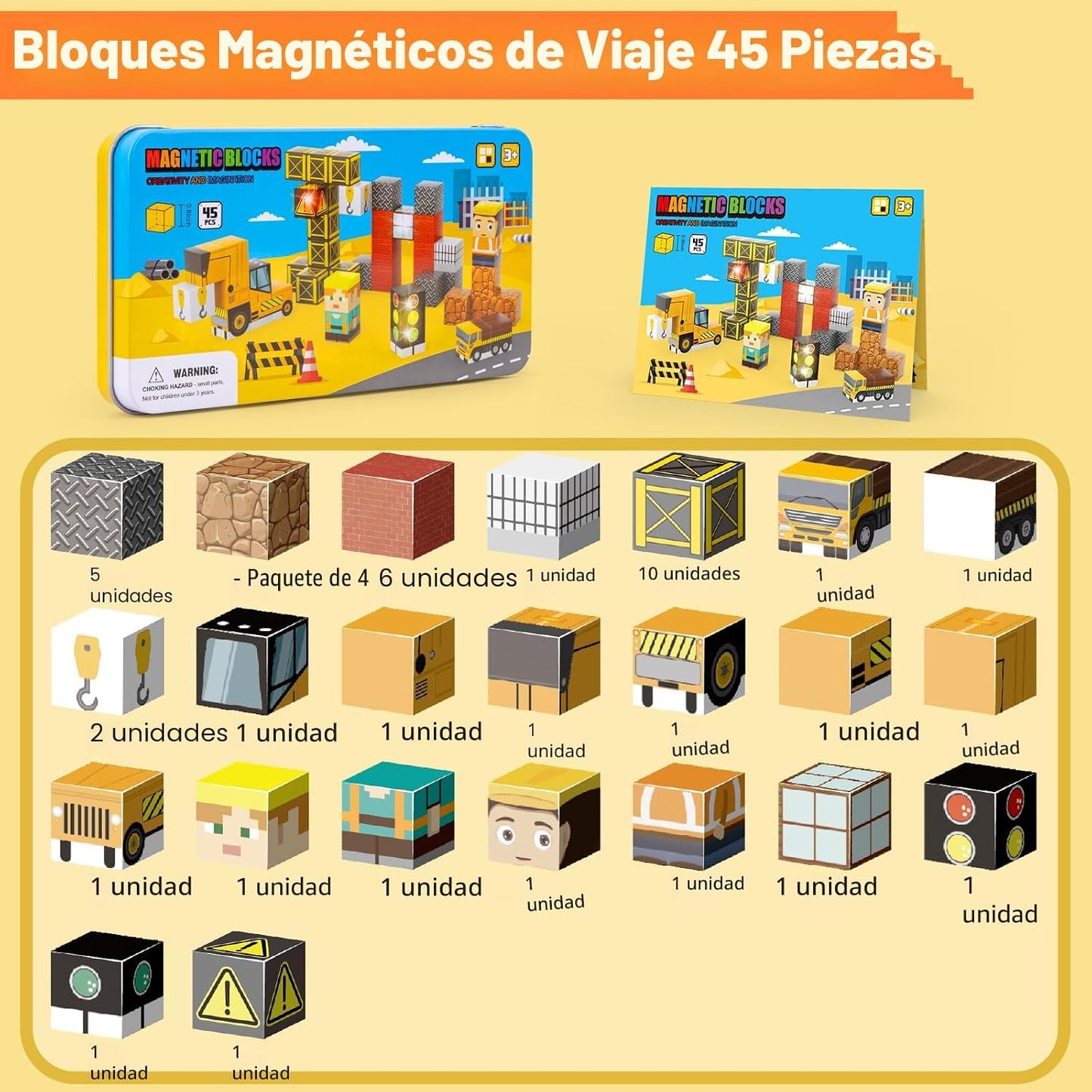 Bloques magnéticos de viaje, 45 unidades, mini cubos de construcció...