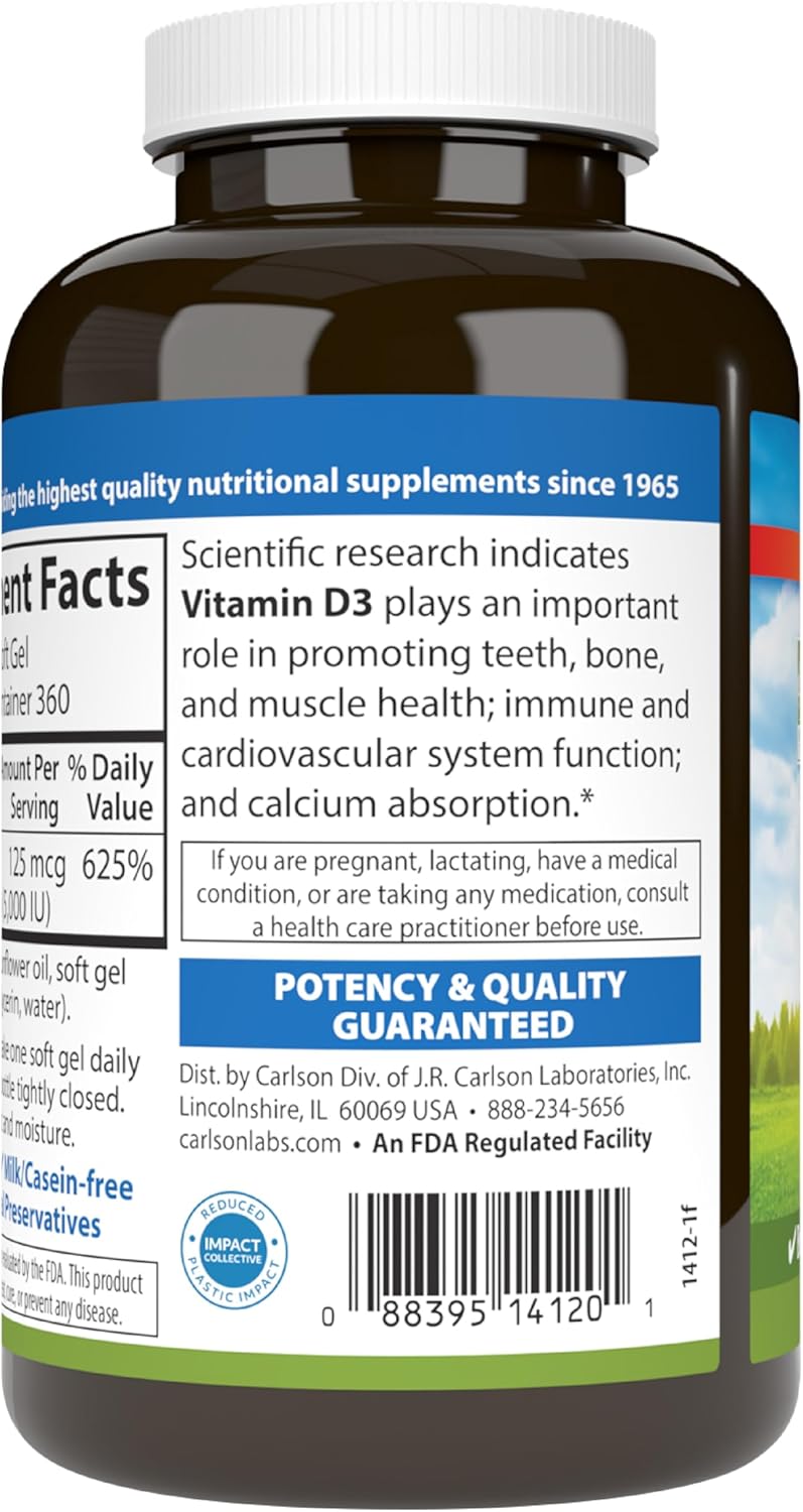 Carlson - Vitamina D3 5000 UI (125 mcg), salud ósea, salud muscular...