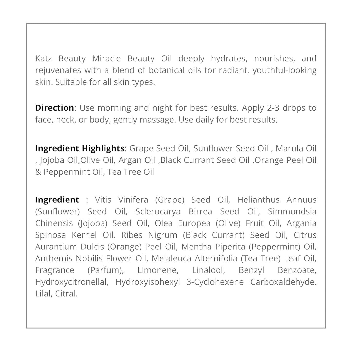 Katz Beauty Miracle Beauty - Aceite facial hidratante con aceite de...