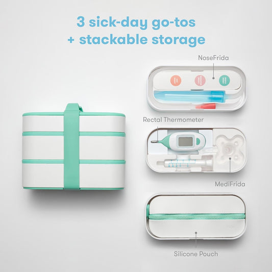 Frida Baby - Kit de viaje para botiquín móvil, set de regalo esencial para bebés, incluye NoseFrida Snotsucker, termómetro rectal, dispensador de medicamentos MediFrida con estuche de transporte portátil