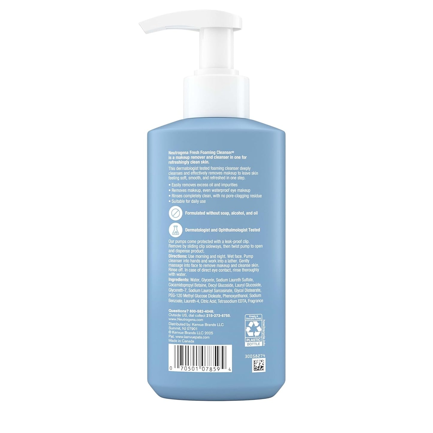 Neutrogena Limpiador facial de espuma fresca, removedor de maquillaje todo en uno para piel normal a grasa, limpia profundamente y elimina el maquillaje impermeable, sin jabón, no comedogénico, 8.5