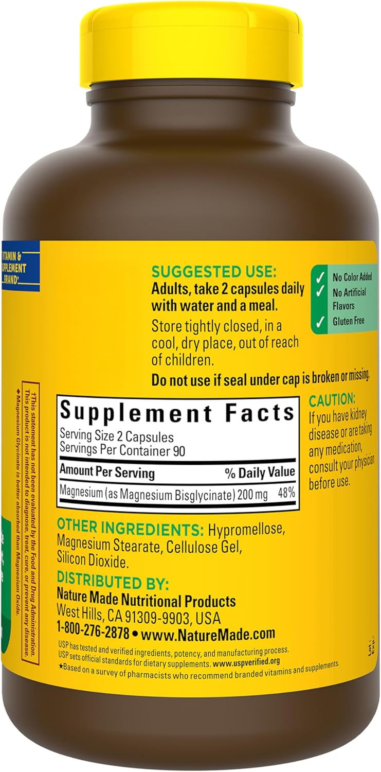 Nature Made Glicinato de magnesio 200 mg por porción, suplemento de...