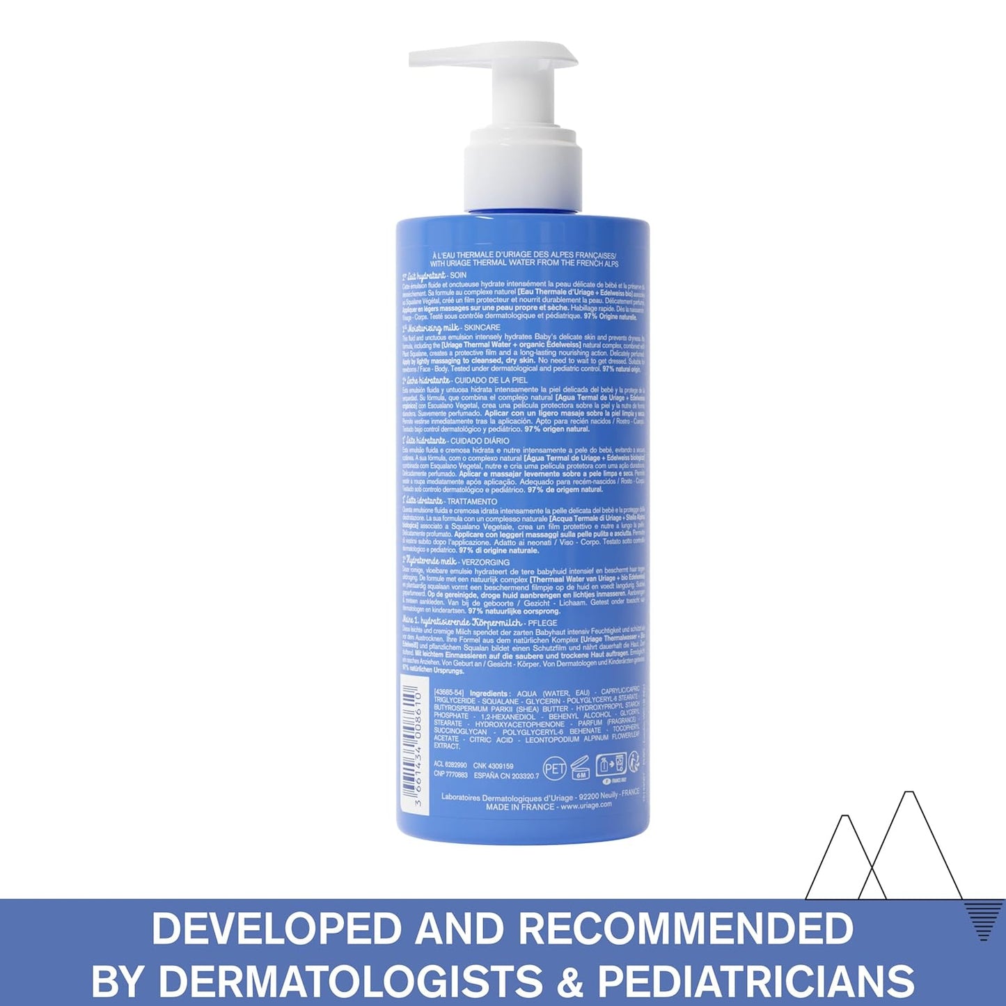 Uriage Baby Daily Loción hidratante con Edelweiss orgánico + manteca de karité, nutre, hidrata y calma la piel, no grasa, con aroma delicado, 97% de Igredients de origen natural