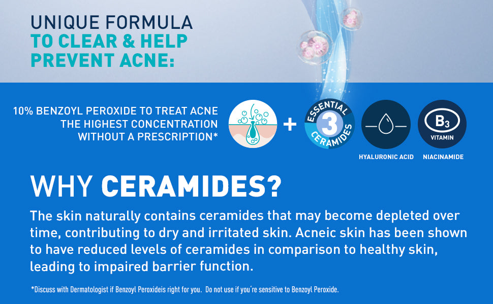 CeraVe Crema Espumosa Limpiadora para el Acné, Limpiador Suave para Rostro y Cuerpo con Peróxido de Benzoilo al 10%, Ácido Hialurónico y Niacinamida, Tratamiento con Peróxido de Benzoilo al 10% que