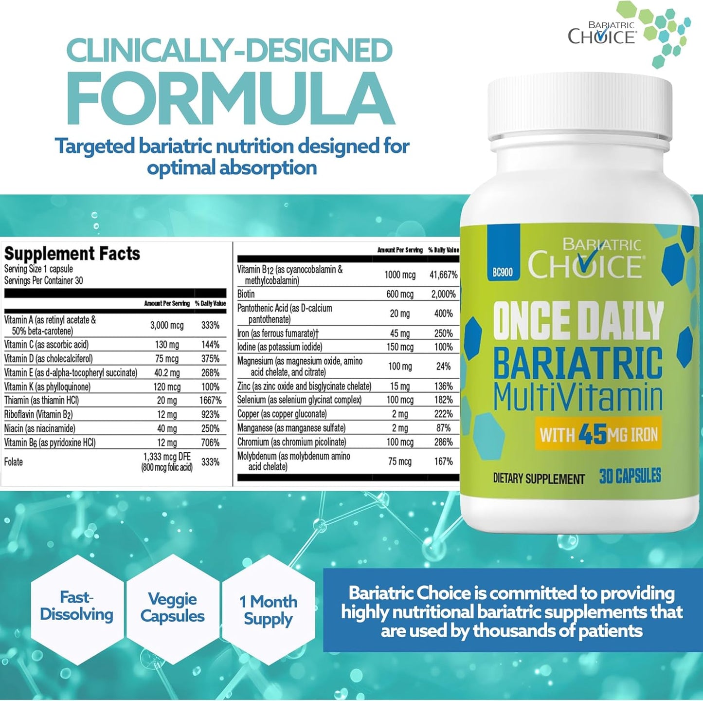 Bariatric Choice Multivitamínico bariátrico una vez al día con 45 m...