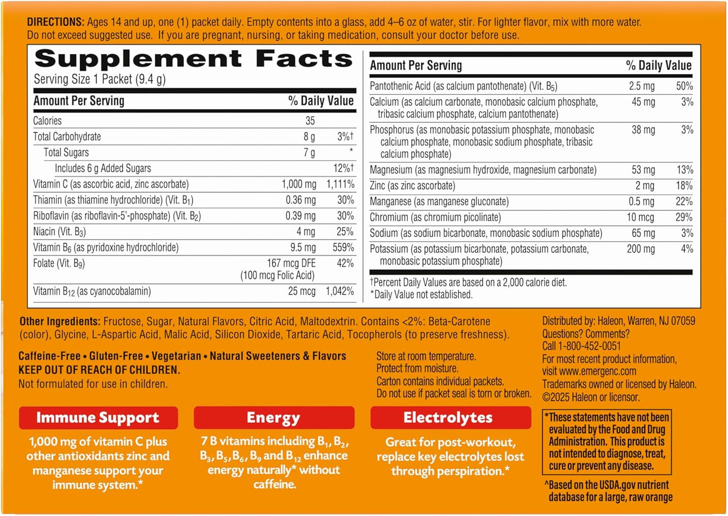 Emergen-C Polvo de apoyo inmunológico de 1000 mg de vitamina C mand...
