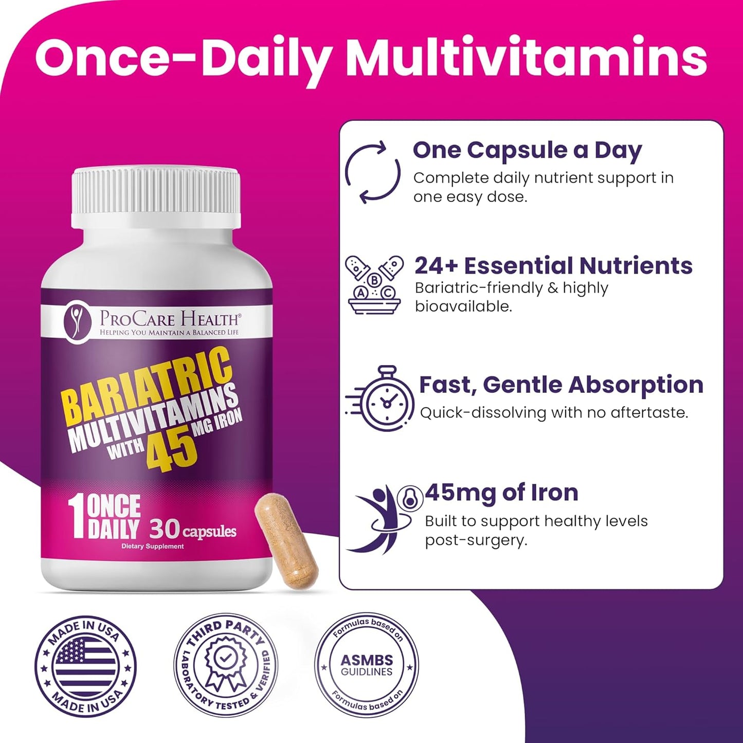 Once Daily Bariatric Multivitamin | Cápsula | 45 mg de hierro | 30...